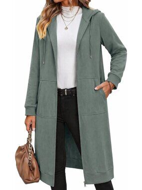 Women's Grey Green Zip Up Hoodies Oversized Fleece Long Sleeve Tunic Sweatshirts